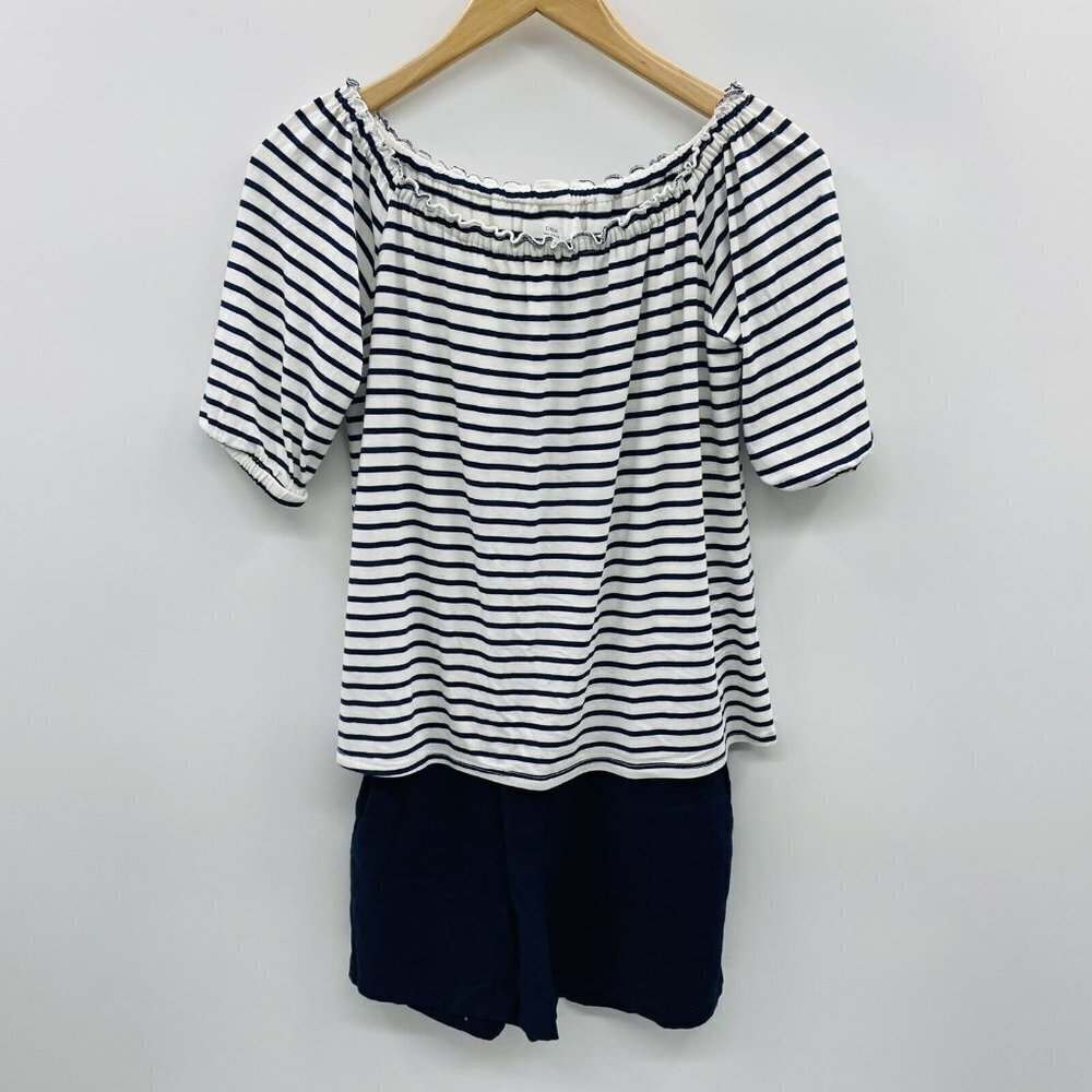 Drew Womens Size XS Striped Nautical Off the Shoulder Shorts Romper Blue $150